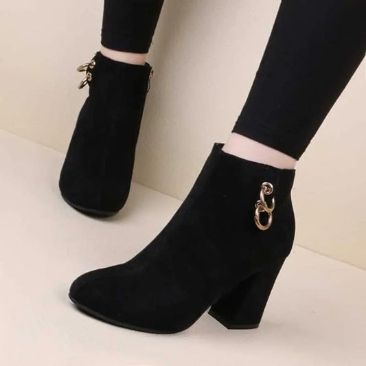 Autumn Winter Suede Chunky Heel Side Zip Martin Boots