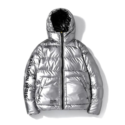 Men's Shiny Puffer Jacket with Hood - Casual Winter Coat