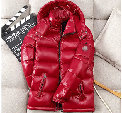 Men's Shiny Puffer Jacket with Hood - Casual Winter Coat
