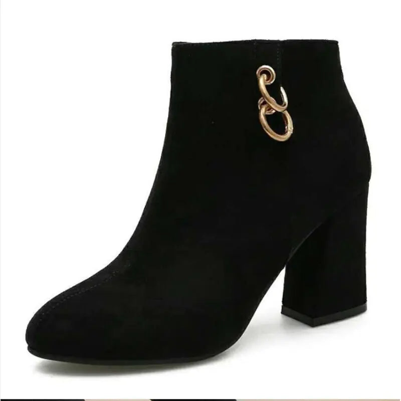 Autumn Winter Suede Chunky Heel Side Zip Martin Boots