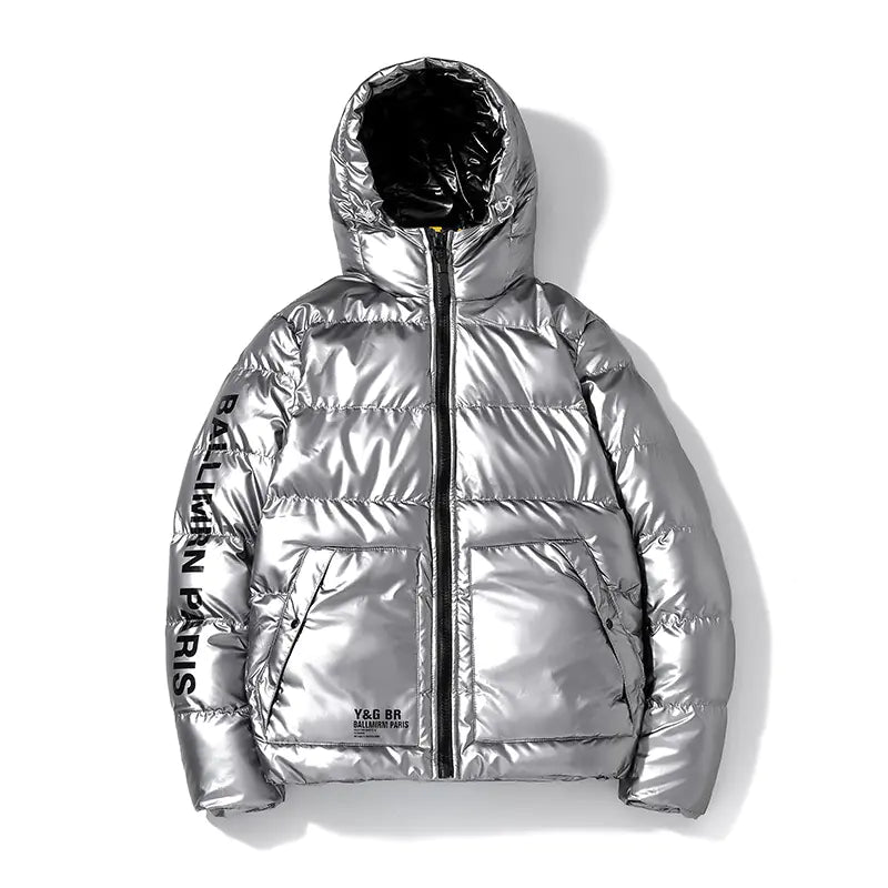 Men's Shiny Puffer Jacket with Hood - Casual Winter Coat