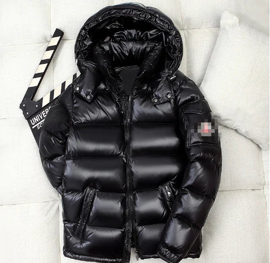 Men's Shiny Puffer Jacket with Hood - Casual Winter Coat