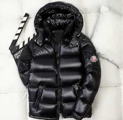 Men's Shiny Puffer Jacket with Hood - Casual Winter Coat