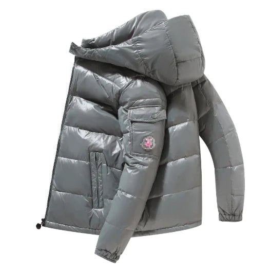 Men's Shiny Puffer Jacket with Hood - Casual Winter Coat
