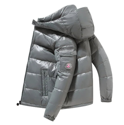 Men's Shiny Puffer Jacket with Hood - Casual Winter Coat