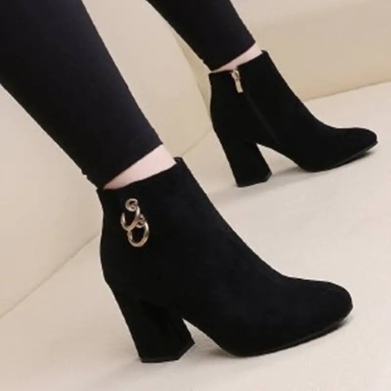 Autumn Winter Suede Chunky Heel Side Zip Martin Boots