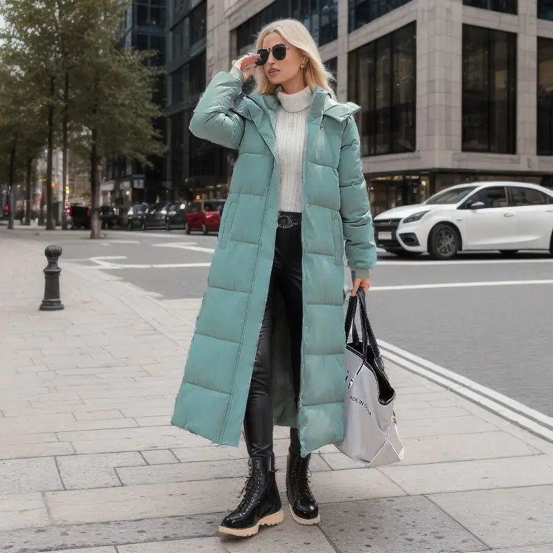 Women's Long Puffer Coat – Loose Fit Winter Jacket with Hood