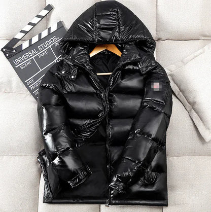 Men's Shiny Puffer Jacket with Hood - Casual Winter Coat