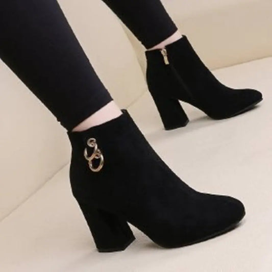 Autumn Winter Suede Chunky Heel Side Zip Martin Boots