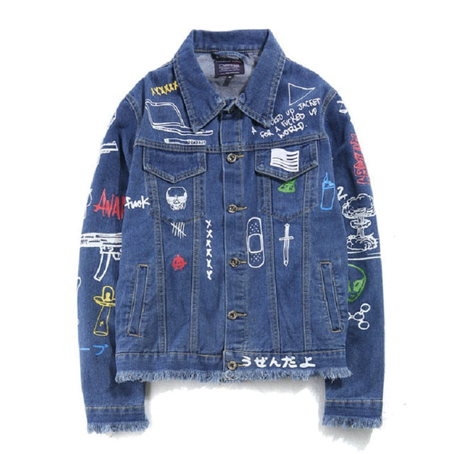 Hip Hop Fashion Printed Jeans Jacket Men  Autumn Winter Streetwear Denim Jackets Coats Cowboy Jacket Jaqueta masculina-5