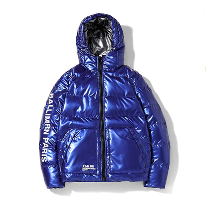 Men's Shiny Puffer Jacket with Hood - Casual Winter Coat